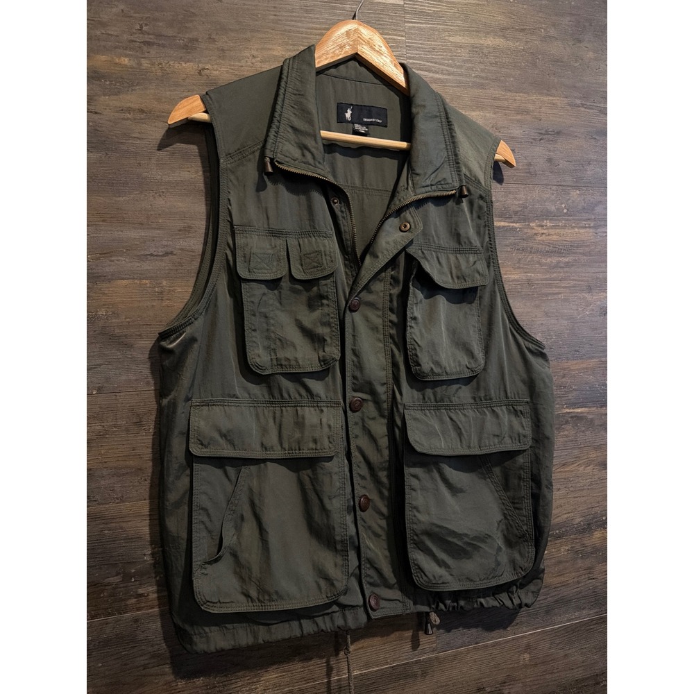 Polo Design by Italy Mens Utility Vest Olive Green Multi-Pocket Safari M